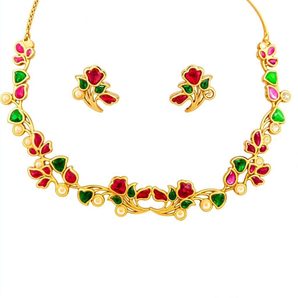 Elegant Floral Enamel Necklace Set with Earrings